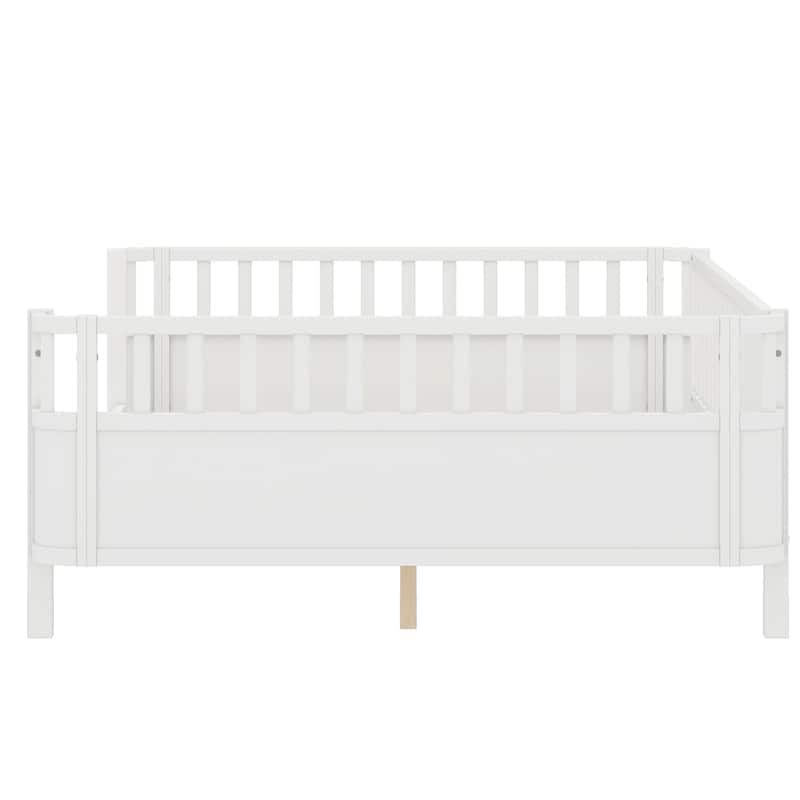 Multi Size Low Platform Bed for Kids with Rounded Corners Guardrails, Detachable Right-side Fence and Open Left-side Design