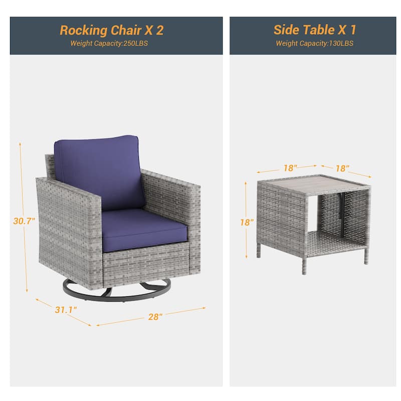 BONOSUKI 3Pcs Patio Swivel Rocking Sofa Set Grey Rattan w/Side Table