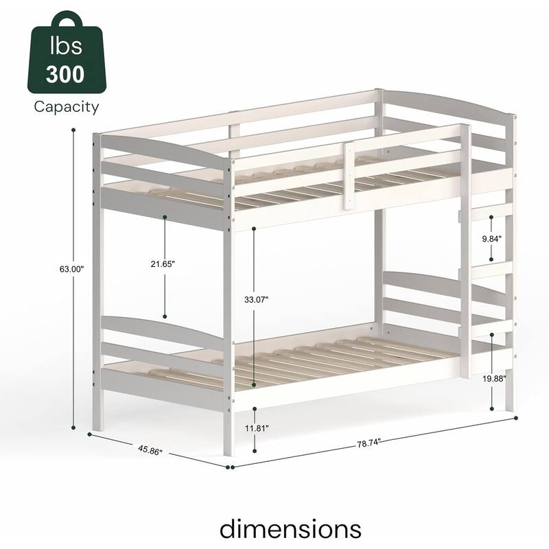 Bunk Bed Twin Over Twin, Pine Solid Wood Detachable Bed Frame with High Guardrails & Integrated Ladder, Wooden Slatted Bunk Bed