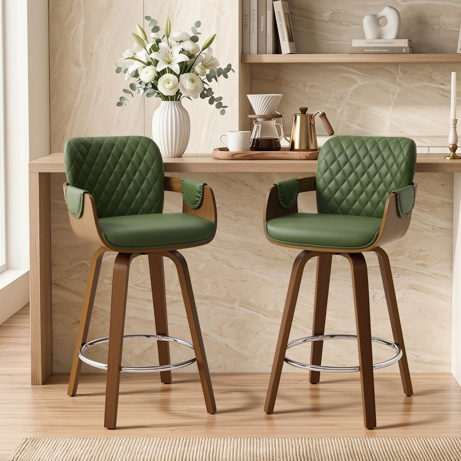 26-Inch Upholstered Swivel Counter Height Bar Stool with Armrests - 36.6"H x19.5"W x 21.3"D