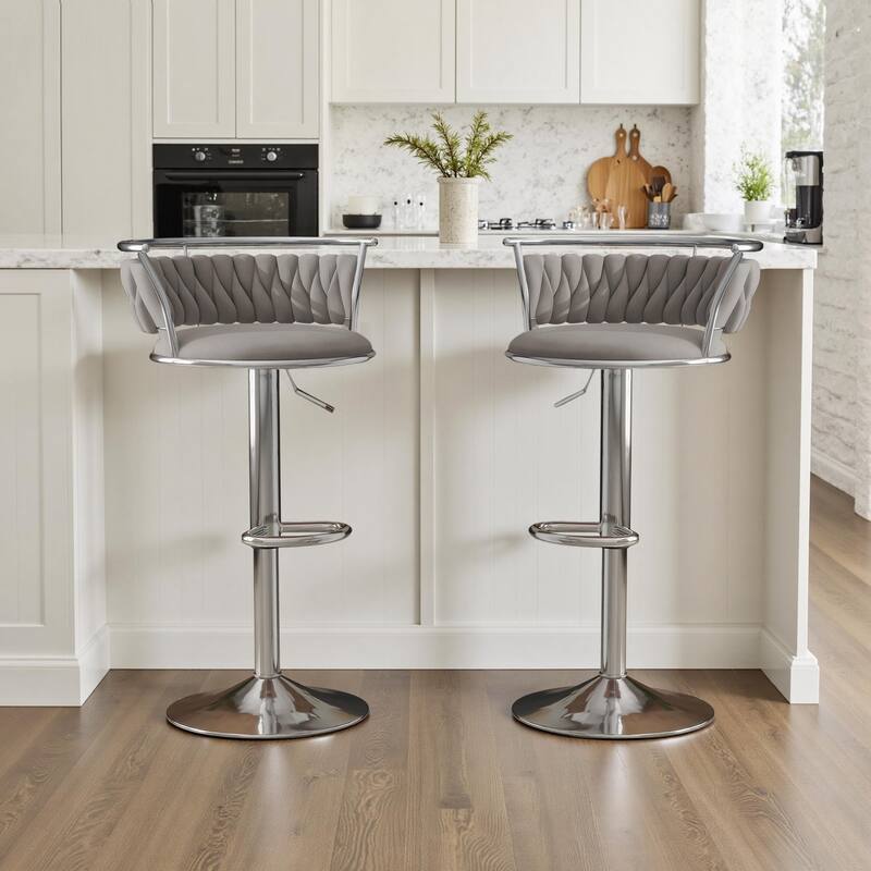 Velvet Upholstered Adjustable Bar Stool Swivel Counter Chair Set of 2 - Grey/Silver - Set of 2