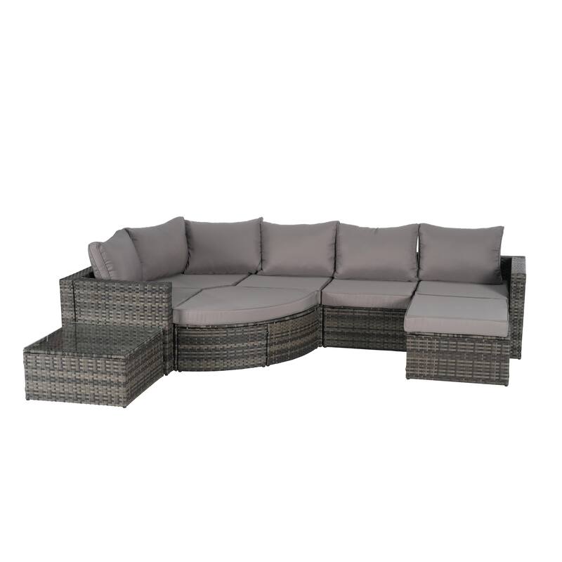 8-Piece Outdoor Patio Rattan Modular Sectional Sofa Set with Tempered Glass Coffee Table