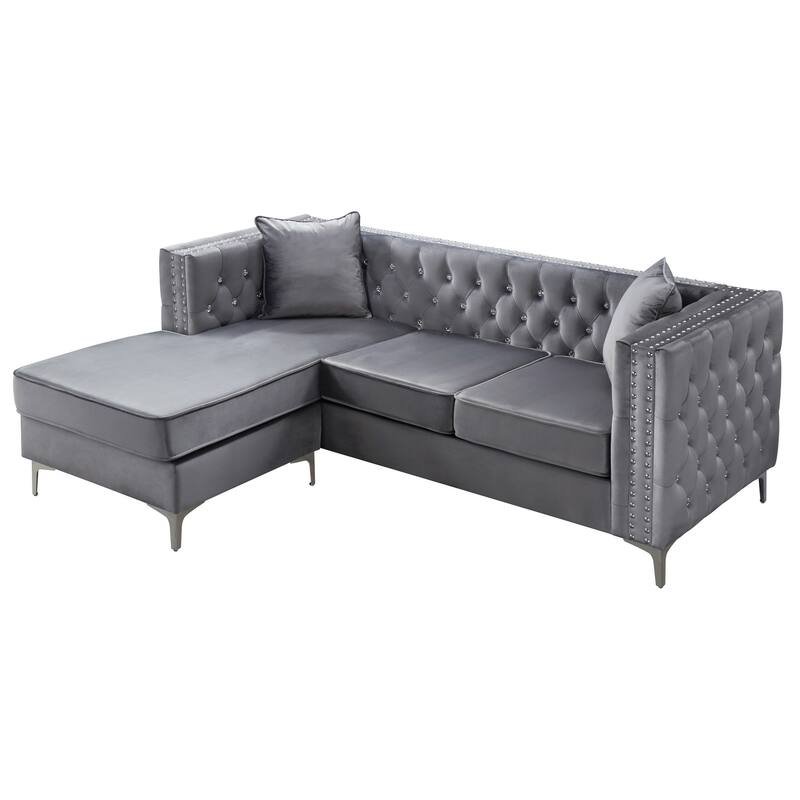 Paige 87 in. Velvet L-Shape 3-Seater Sofa with 2-Throw Pillow - 87"L x 64"W x 30"H