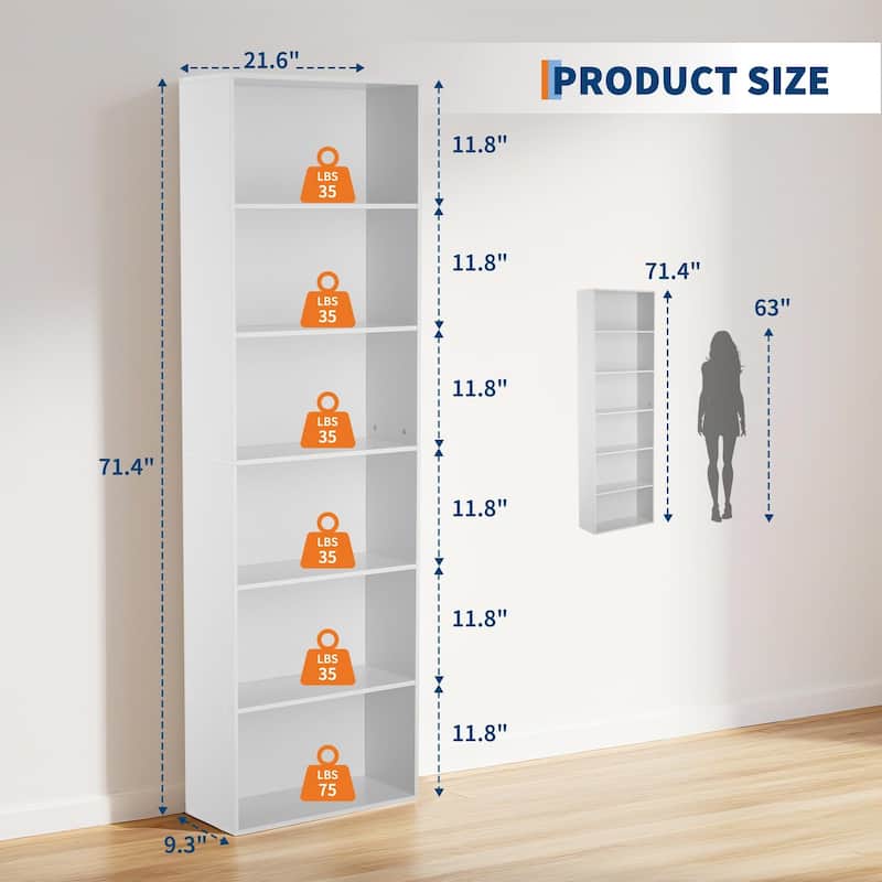 Rustic Industrial Bookcase - 6 Shelf Wood Organizer for Home, Office, Library