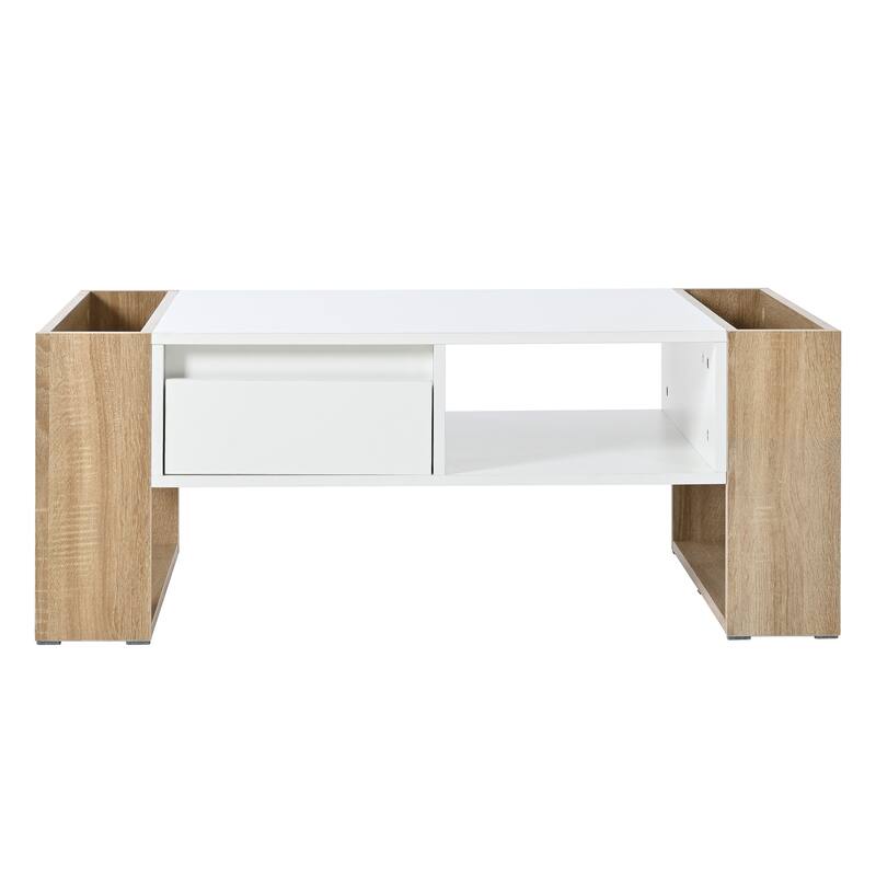 High Glossy Coffee Table Lounges Center Table with 2 Drawers, Storage Legs, Rectangle Wood Cocktail Table for Living Rooms