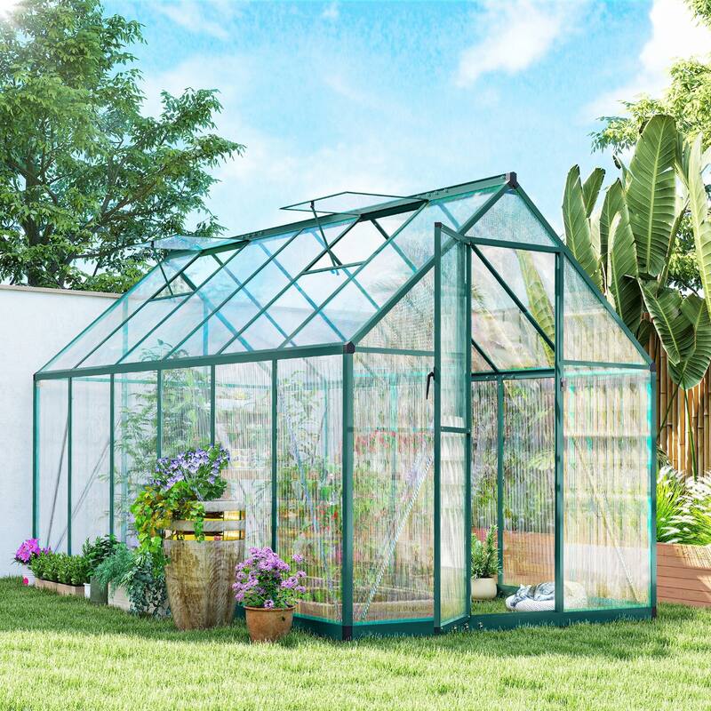 Outsunny 11x6 ft Polycarbonate Greenhouse with Swing Door and Two Adjustable Roof Vents, Aluminum Walk-in Greenhouse - Permanent