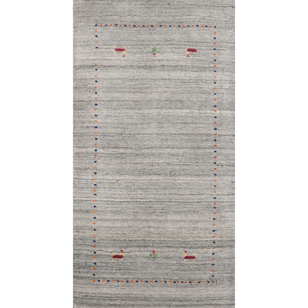 Hand Knotted Oriental 100% Wool Carpet Tribal Animal Pictorial Greys & Charcoal Gabbeh Area Rug - 4' 0'' X 2' 0''