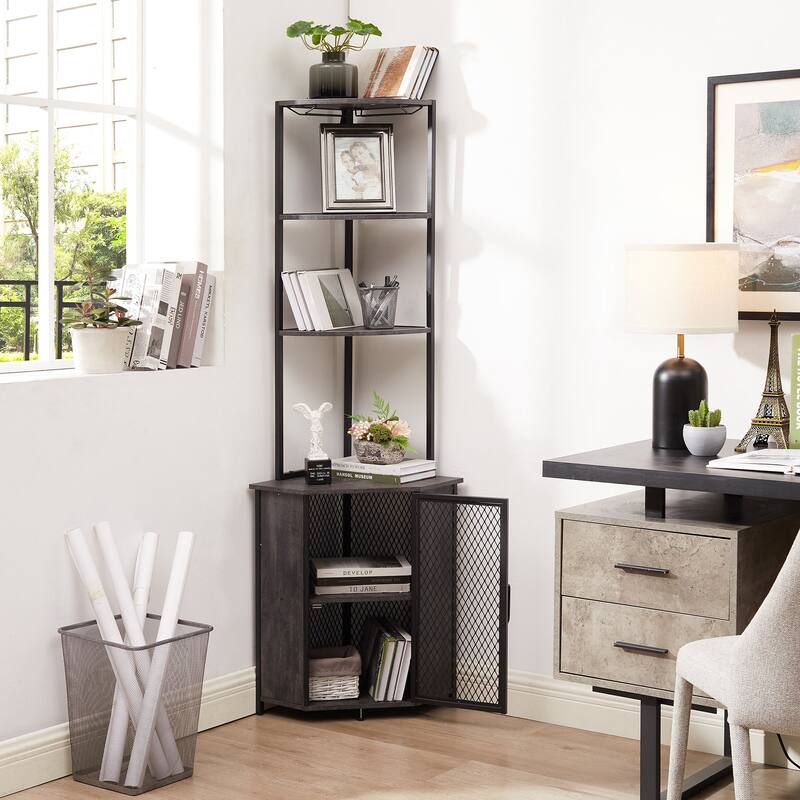Javlergo 5-tier Wood Bookshelf Bookcase Display Corner Shelf with Storage and Glass Holder 63" Wine Bar