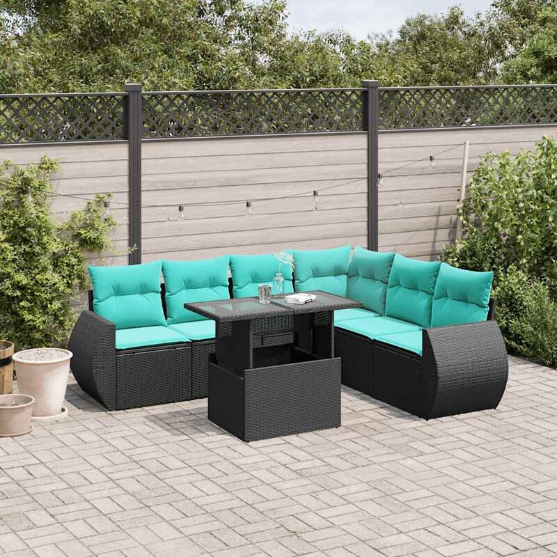 vidaXL 7 Piece Patio Sofa Set with Cushions Black/Brown/Gray Poly Rattan - 24.4 x 24.4 x 27.2 - Black without storage