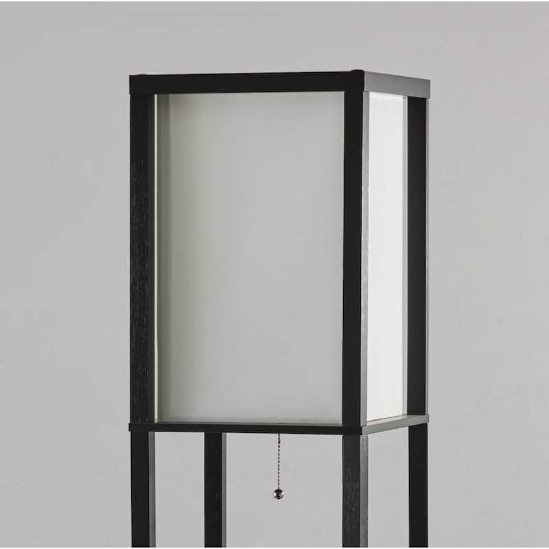Black Wood Column Floor Lamp with Off White Fabric Rectangular Shade Pull Chain - 11.25” x 10.5” x 72” (D x W x H)