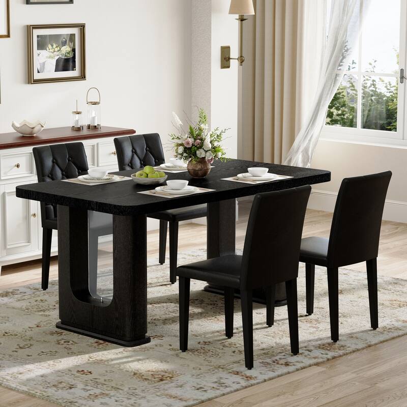 Set of 5 Piece Dining Table and Chair Set MDF Top Glass Insert PU Seat Buckle Backrest