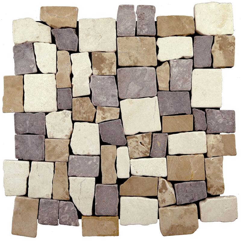 Cruz Bay Studio XQ3R Block Mosaic - 11" x 11" Pebble and Rock Floor - Tan / Off-White / Grey