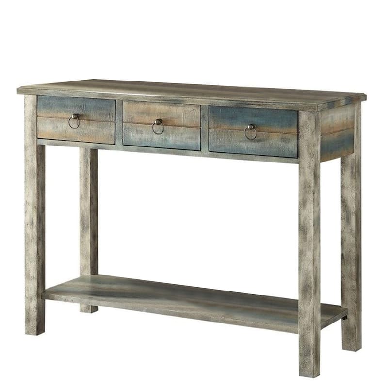 Modern Console Table with 3 Drawers and Shelf Rustic Blue and White Wooden Design for Living Room or Entryway
