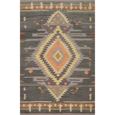 Hand Woven Oriental 100% Wool Carpet Southwestern Tribal Greys & Charcoal Kilim Area Rug - 9' 10'' X 6' 10''