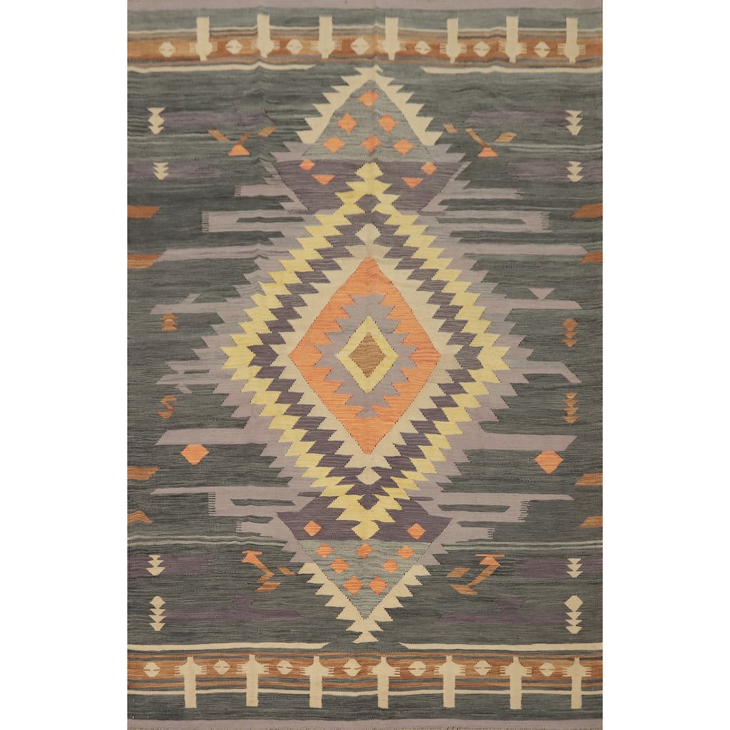 Hand Woven Oriental 100% Wool Carpet Southwestern Tribal Greys & Charcoal Kilim Area Rug - 9' 10'' X 6' 10''