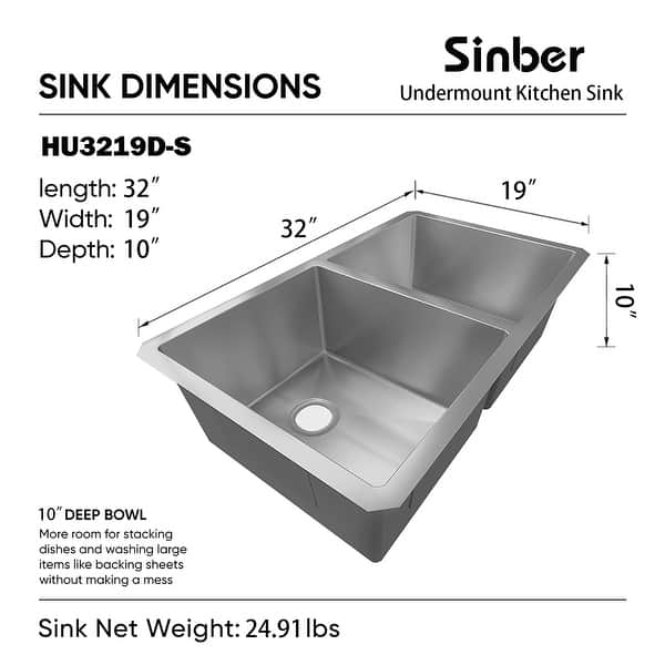 dimension image slide 5 of 10, Sinber Undermount Double Bowl 304 Stainless Steel Kitchen Sink