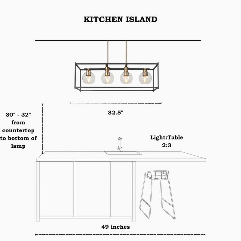 Iain Modern 4-Light Black Gold Chandelier Metal With Seeded Glass Shades Rectangle Kitchen Island Lights for Dining Room