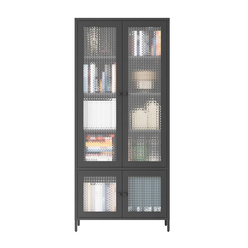 5 Shelves Cabinet Bookcase Freestanding Cabinet for Home Office,Large Metal Storage Cabinet Display Cabinet with 4 Glass Doors