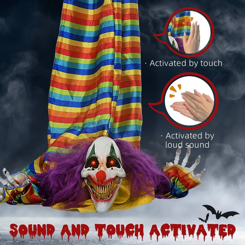3.8' Outdoor Halloween Decoration Animatronic Hanging Clown Corpse Sound Motion Activated Light Up Eyes Circus Music