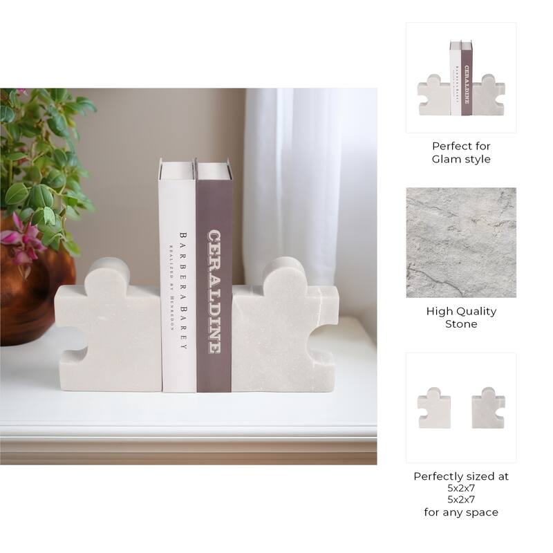 Modern Marble Puzzle Piece Bookends for Home Decor - 7", White - 7.0"