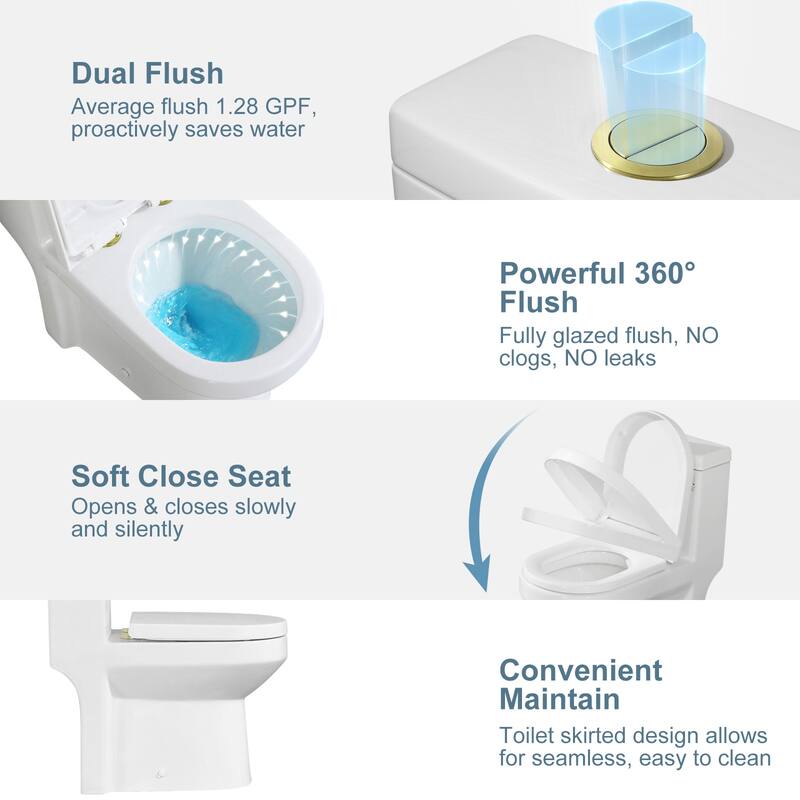 HOROW 1 Piece High Efficiency Dual Flush Toilet White 0.8 1.28 GPF Seat Included Brushed Gold Button - N/A