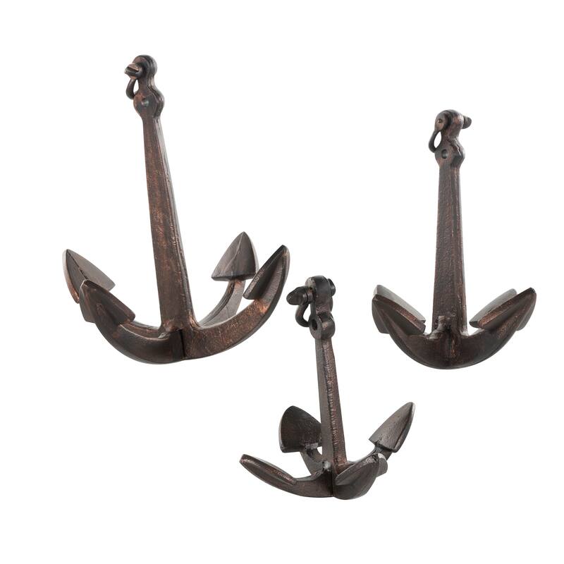 Copper Aluminum Metal Weathered Anchor Decorative Sculpture with Hanging Hook (Set of 3)