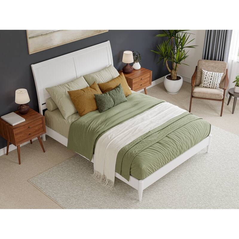 Solid Wood Low Profile Sleigh Bed - Queen Size Platform Bed with USB Charging Station - Modern Bedroom Furniture