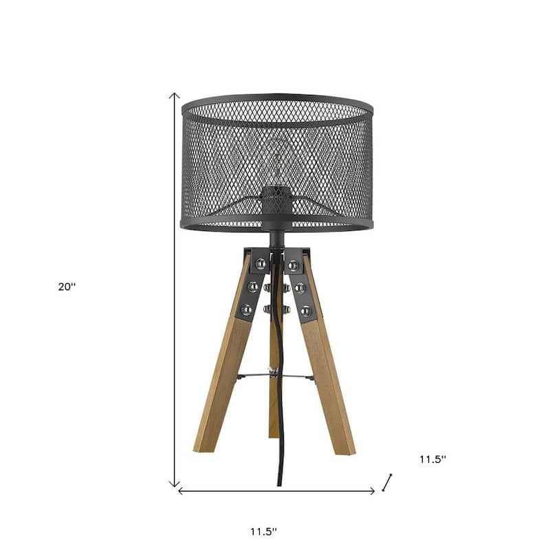 Modern Brown Wood Tripod Table Lamp with Black Drum Shade for Accent Lighting - 11.50" x 11.50" x 20"