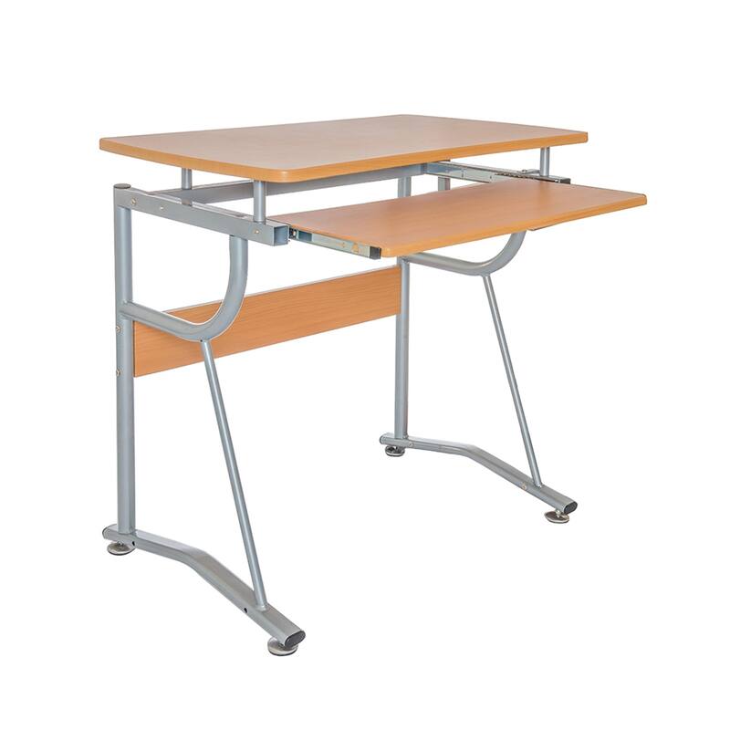 Modern Cherry Computer Desk with Side Shelf, Keyboard Panel, and Steel Frame for Efficient Workspace Organization