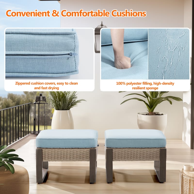 Cozywor 2-Piece Wicker Outdoor Patio Ottoman with Steel Frame and Cushions