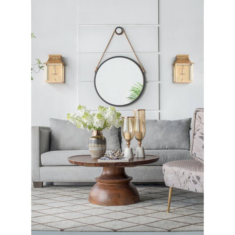 29.5" Hanging Round Mirror: Black Frame, Rope Strap