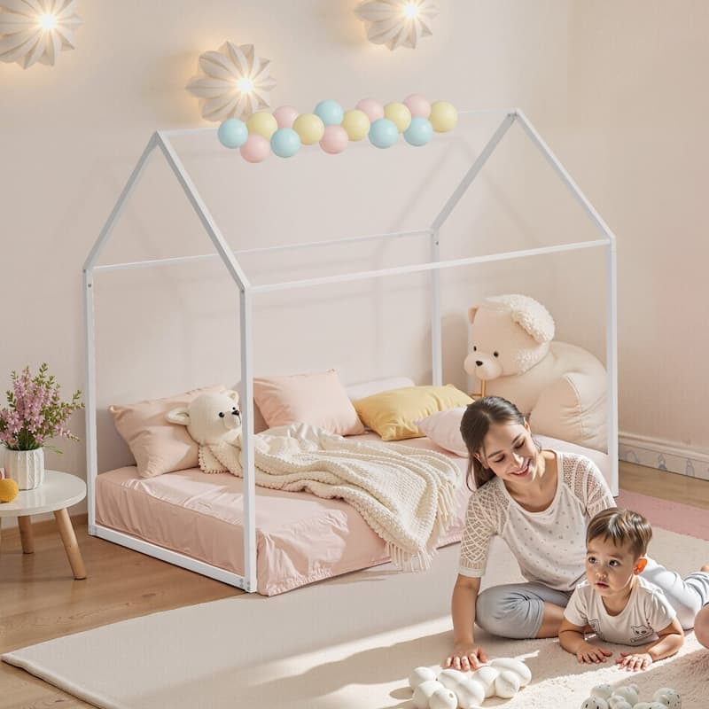 Twin Size White Metal Kids House Bed Frame with Floor Safety and Roof Creative Play Space