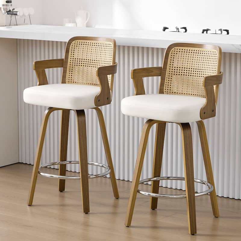 Upholstered Swivel Barstool with Arms and Bentwood Legs - 40.8"H x 18.9"W x 19.5"D/19.3"D