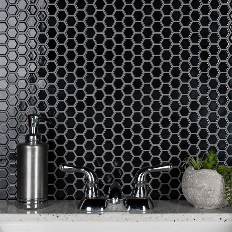 Merola Tile Metro 1" Hex Glossy Black 10-1/4"x11-7/8" Porcelain Mosaic Tile
