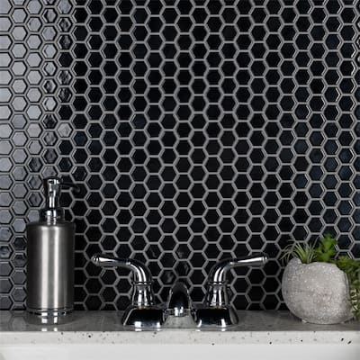 Merola Tile Metro 1" Hex Glossy Black 10-1/4"x11-7/8" Porcelain Mosaic Tile