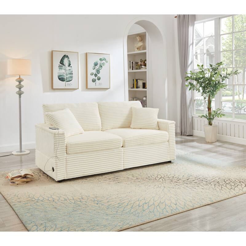 Modern Lazy Sofa Corduroy 2-Seater Sofa with Storage, Ottoman Lift-Arm Tables & USB Port Included, for Living Room