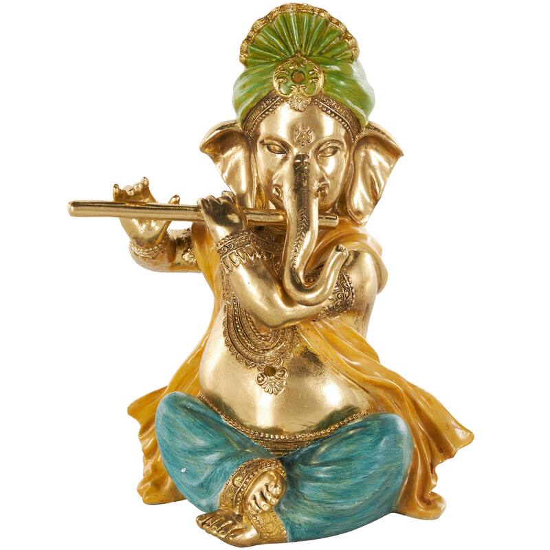 Gold Resin Musician Ganesh Decorative Sculpture with Green, Yellow, and Teal Accents