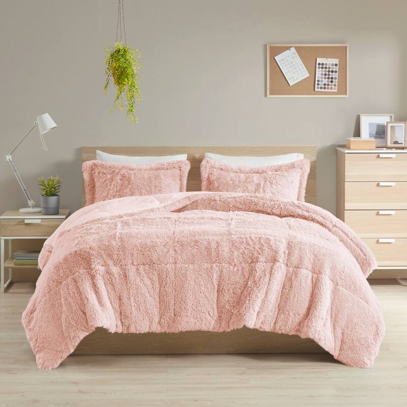 Intelligent Design Leena Shaggy Long Fur Comforter Mini Set - Blush - Twin - Twin XL