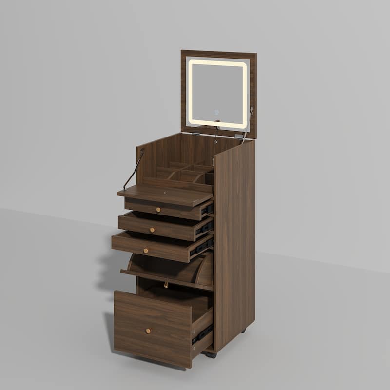 Rolling Makeup Vanity Cabinet with LED Light Mirror, Walnut Tall Dresser with 9-Grid Organizer, Drawers & Tilt-Out Storage