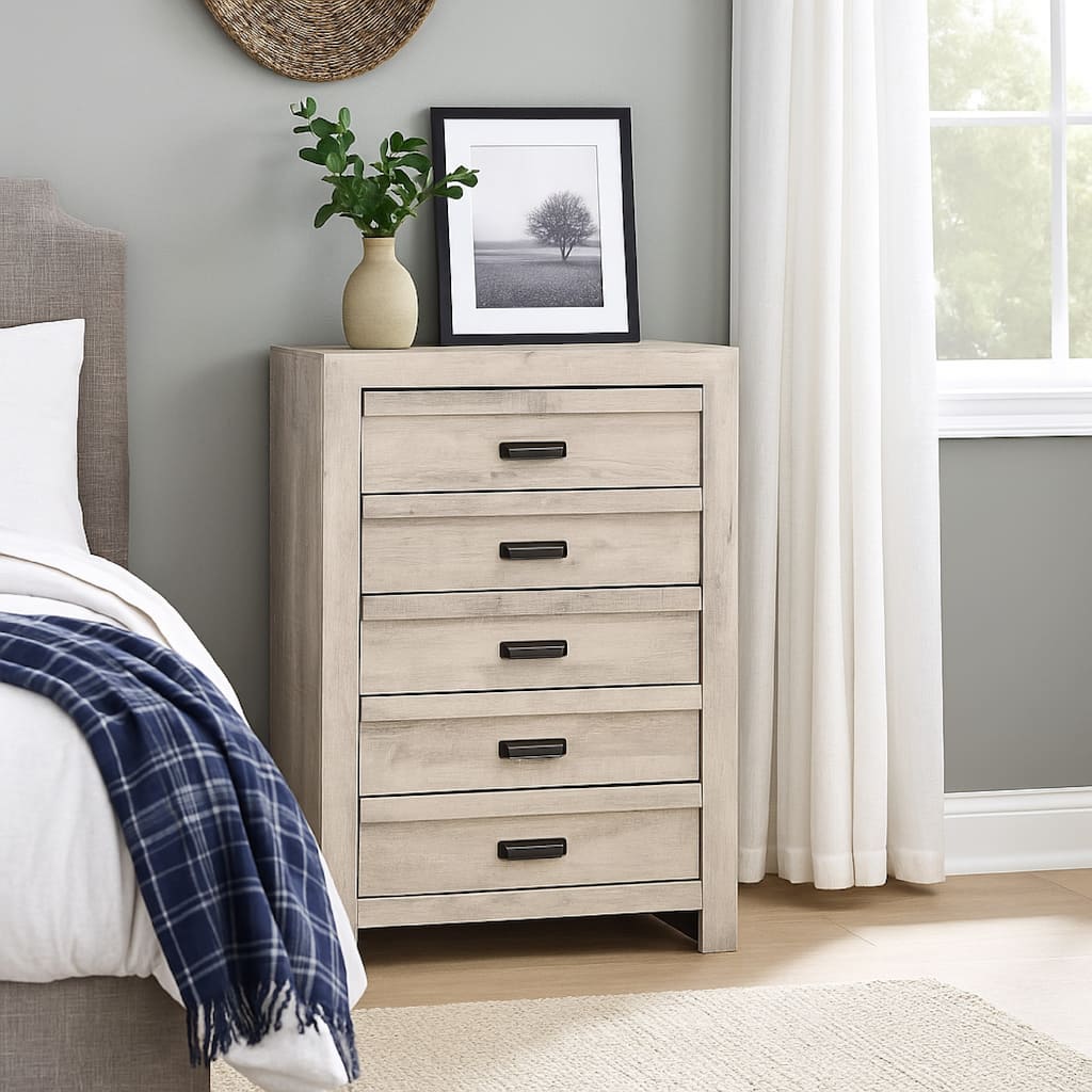 Velz Tall Dresser Chest, 5 Drawers, Finger Pull Handles, Weathered Beige