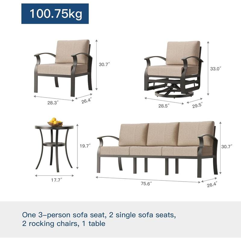 Kullavik Aluminum Outdoor Patio Sectional Sofa Set with Swivel Rocking Chairs and Coffee Table