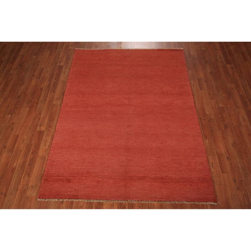 Gabbeh Modern Area Rug Hand-Knotted Solid Orange Wool Carpet - 4'11" x 6'7"