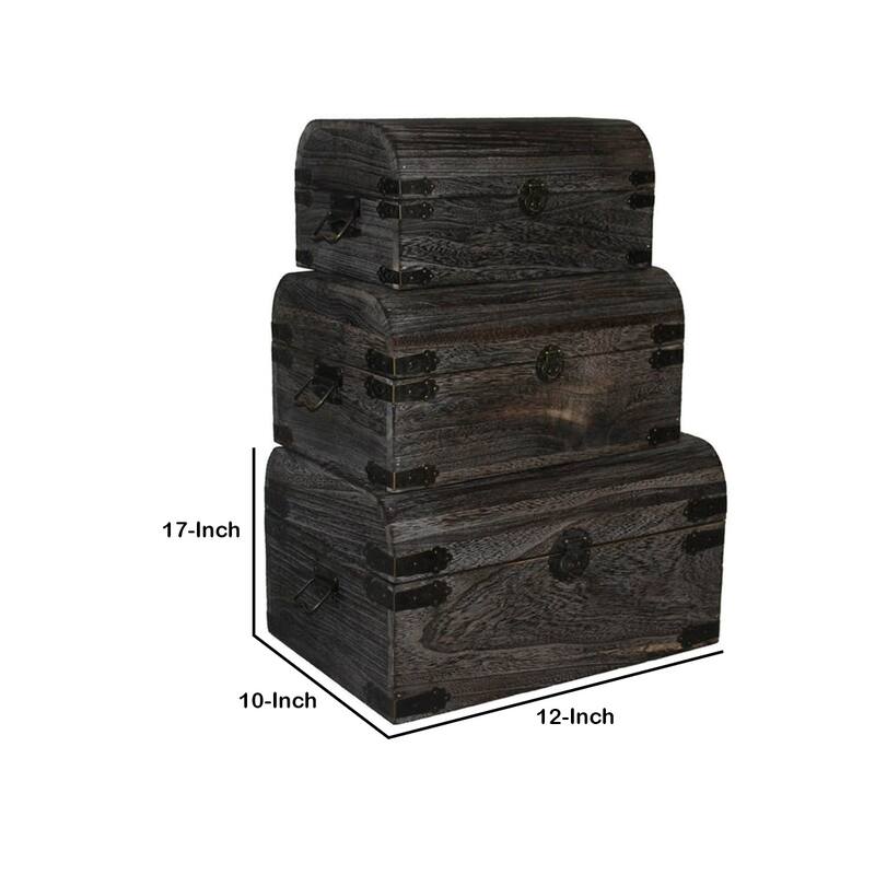Wooden Lift Top Storage Box with Grain Details, Set of 3, Gray