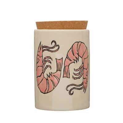 Stoneware Jar with Embossed Prawns and Cork Lid - 4.3"L x 4.3"W x 6.0"H