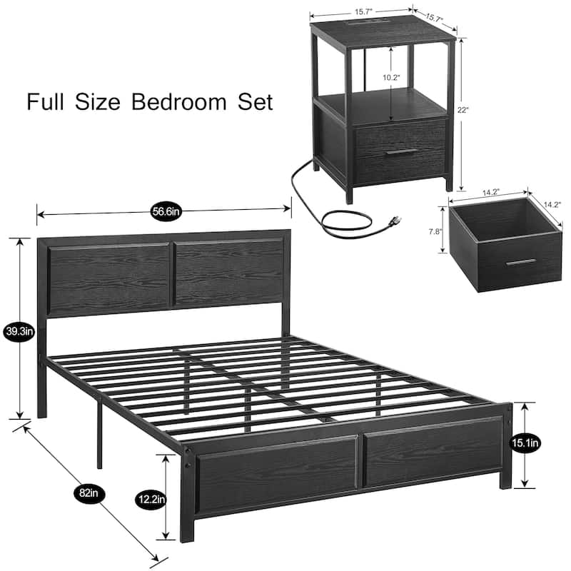 Bedroom Set of 3 Wood Headboard Platform Bed Frame Set of 2 Nightstands with Charging Station USB Port
