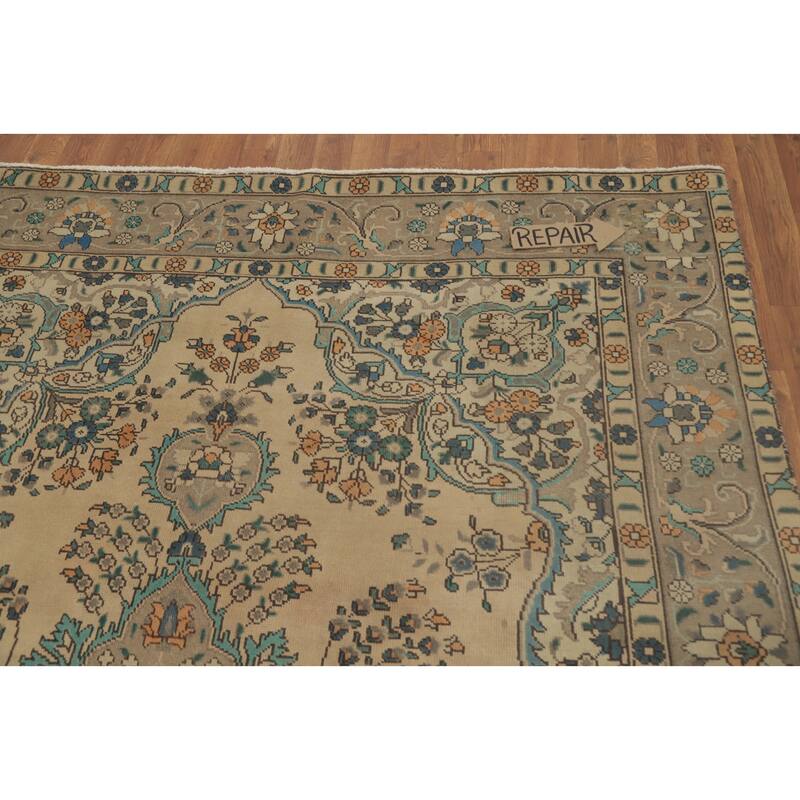 Hand Knotted Oriental 100% Wool Carpet Traditional Floral Beige & Ivories Tabriz Area Rug - 9' 3'' X 6' 2''