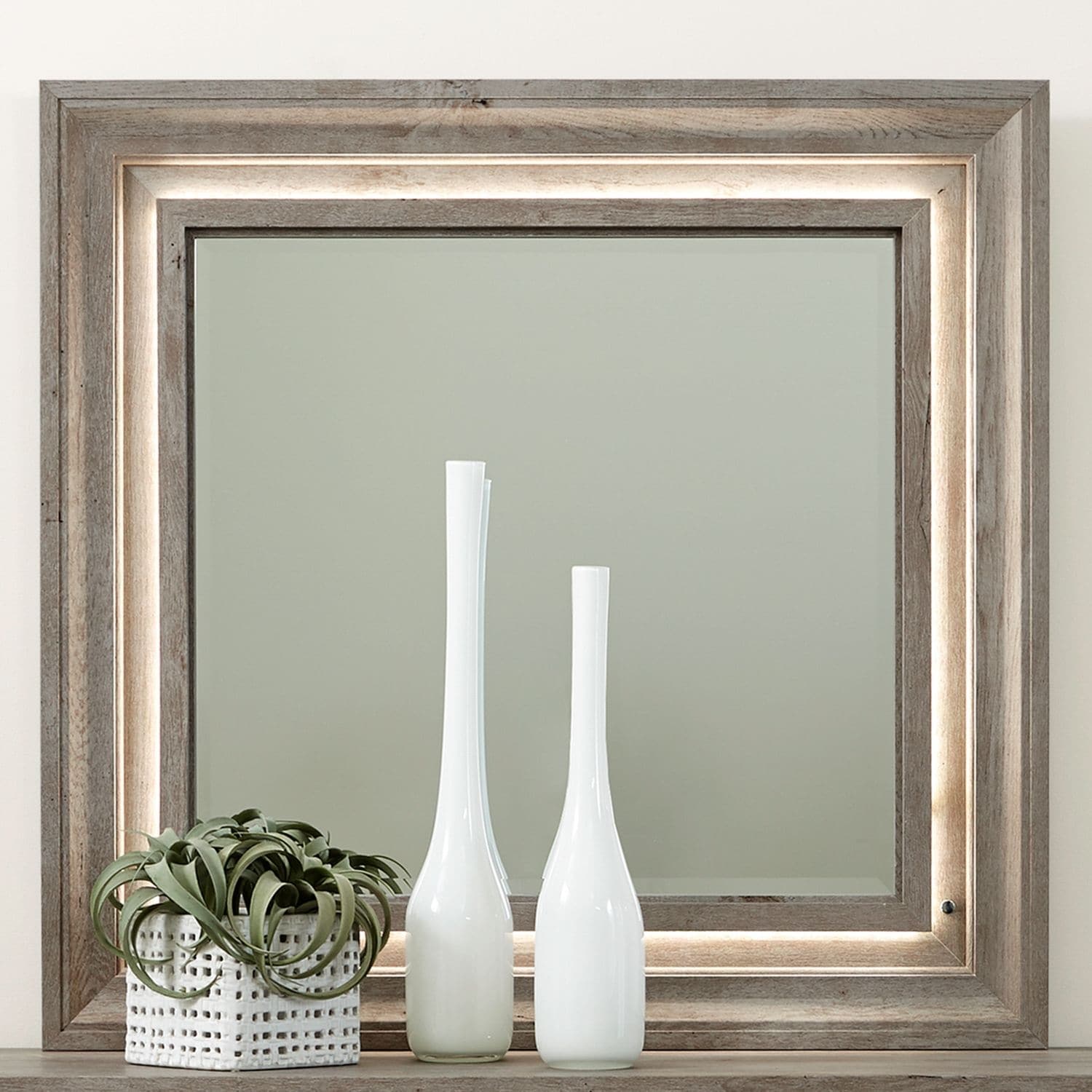 Horizons Graystone Framed Bedroom Mirror with LED Touch Lights