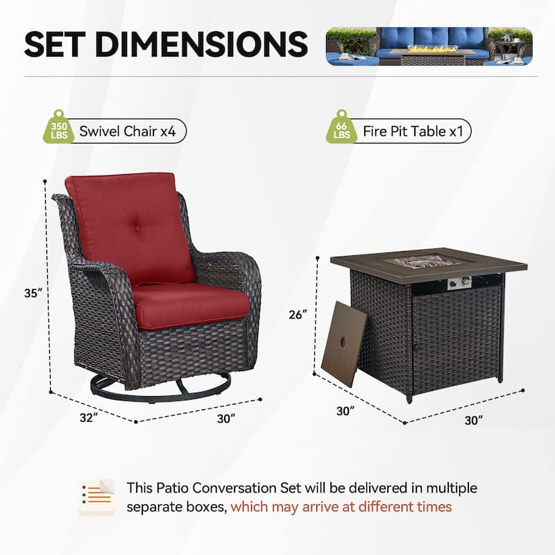 Gymojoy 5-Piece Outdoor Wicker Patio Furniture with Fire Pit Table, Rattan Coversation Set with Water Resistant Thick Cushions