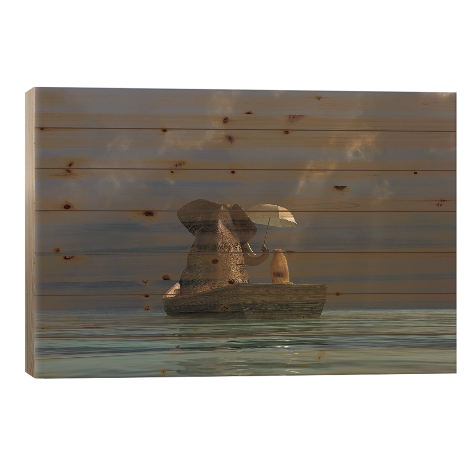 Elephant And Dog Are Floating In A Boat II Print On Wood by Mike Kiev - Multi-Color