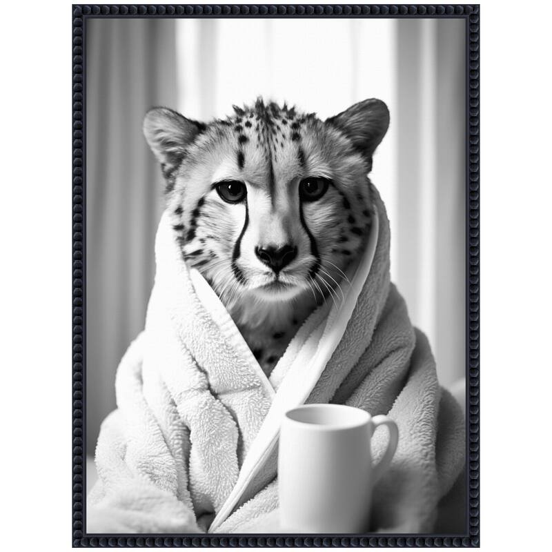 Kate and Laurel Sylvie Cheetah Bathroom Art Towel Robe Black and White Framed Canvas by The Creative Bunch Studio